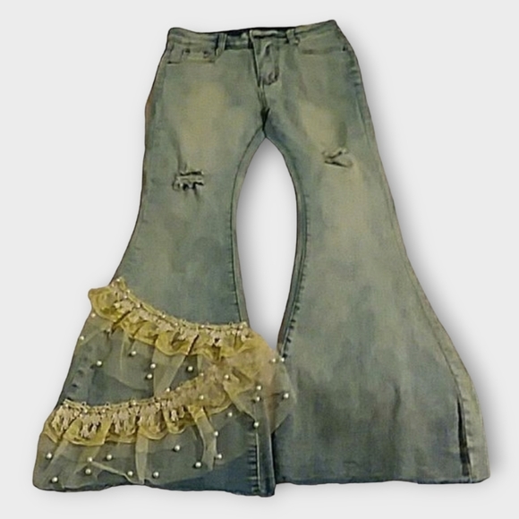 Denim - Upcycled Jeans Lace Pearls Mesh Raw Hem Ruffles